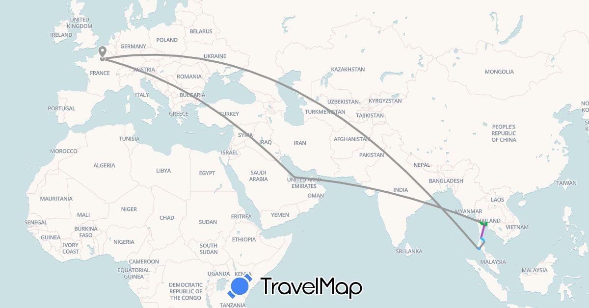TravelMap itinerary: driving, bus, plane, train, hiking, boat in France, Qatar, Thailand (Asia, Europe)